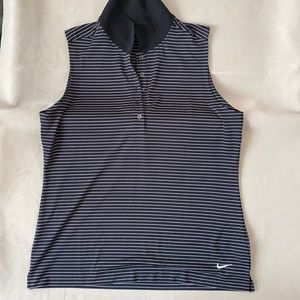 Womens Nike pin Striped Black White Dri Fit Sleeveless collared Golf Polo Large